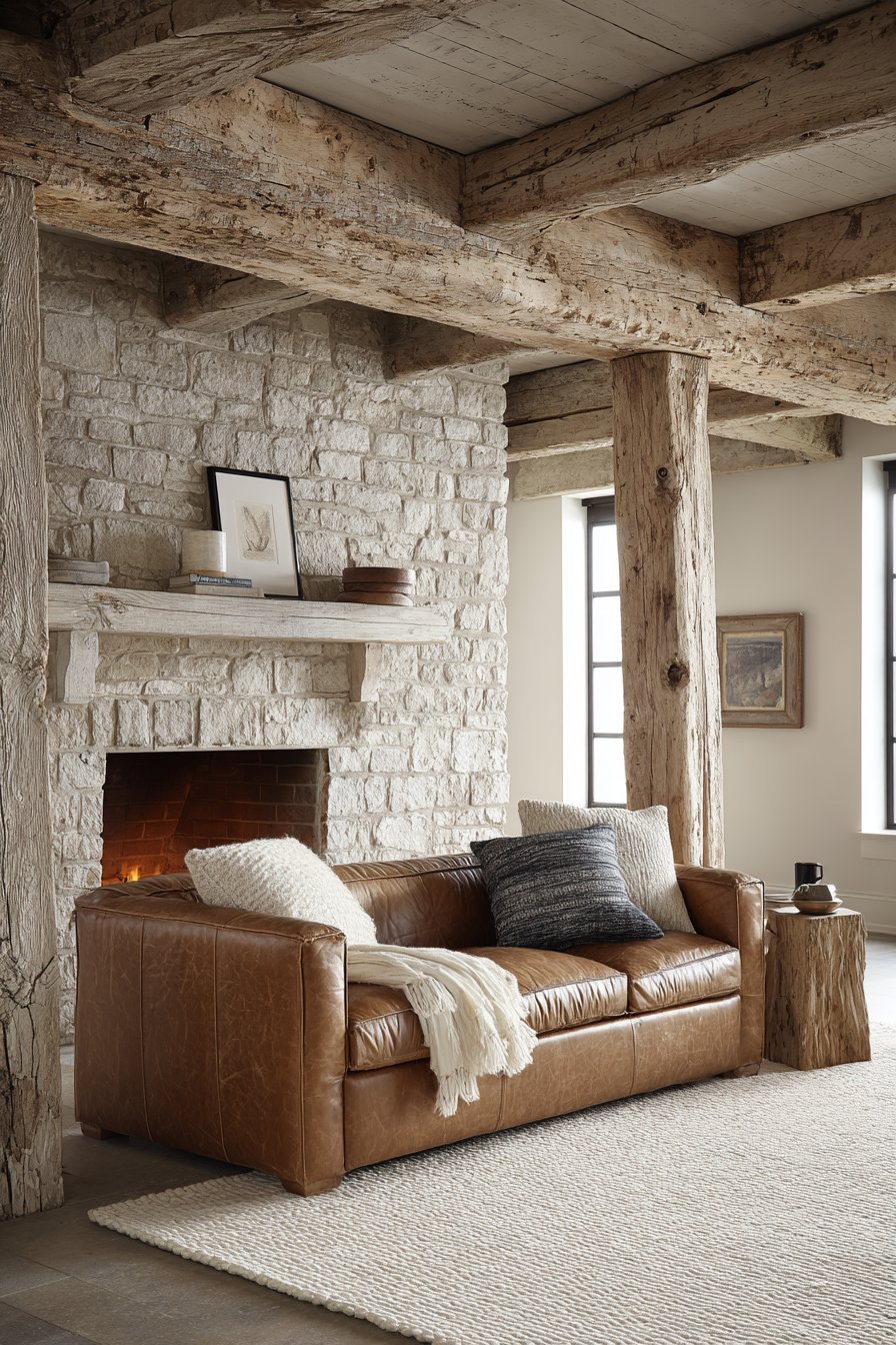 Rustic living room with weathered ceiling beams, tobacco leather sofa and fieldstone fireplace