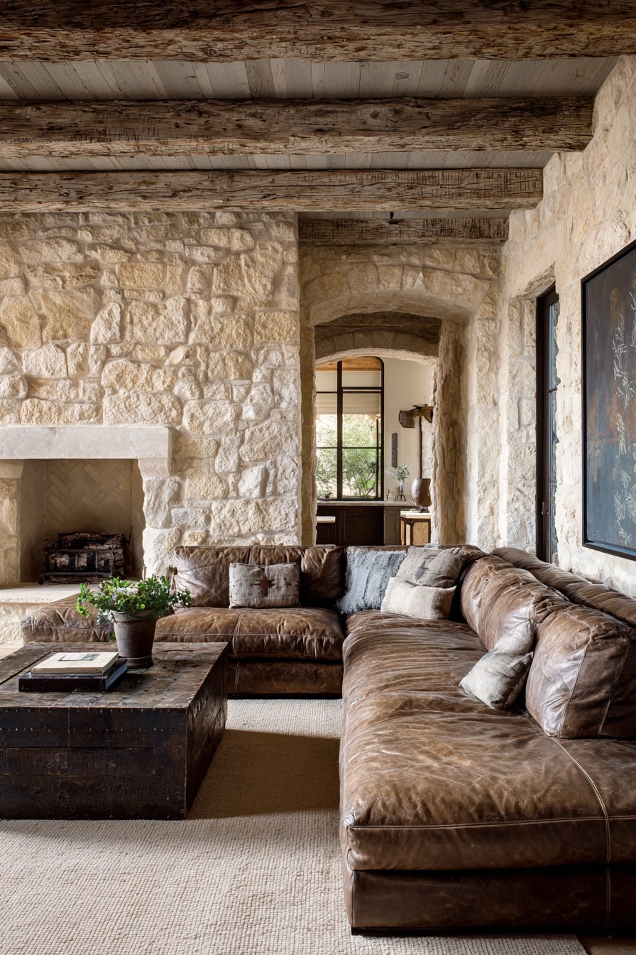 Rustic living room with weathered ceiling beams, tobacco leather sofa and fieldstone fireplace