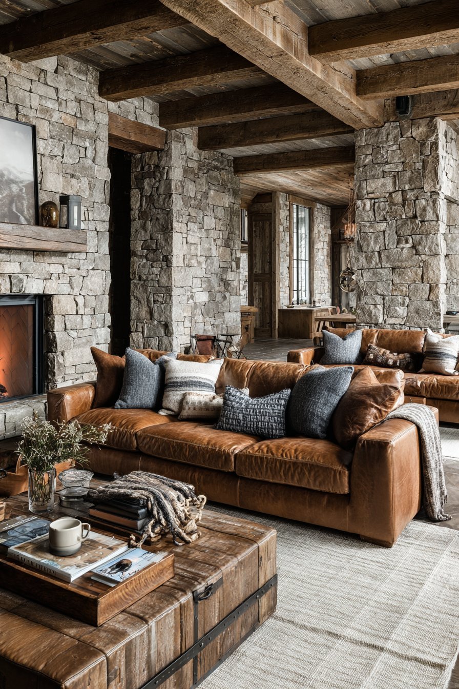 Rustic living room with weathered ceiling beams, tobacco leather sofa and fieldstone fireplace