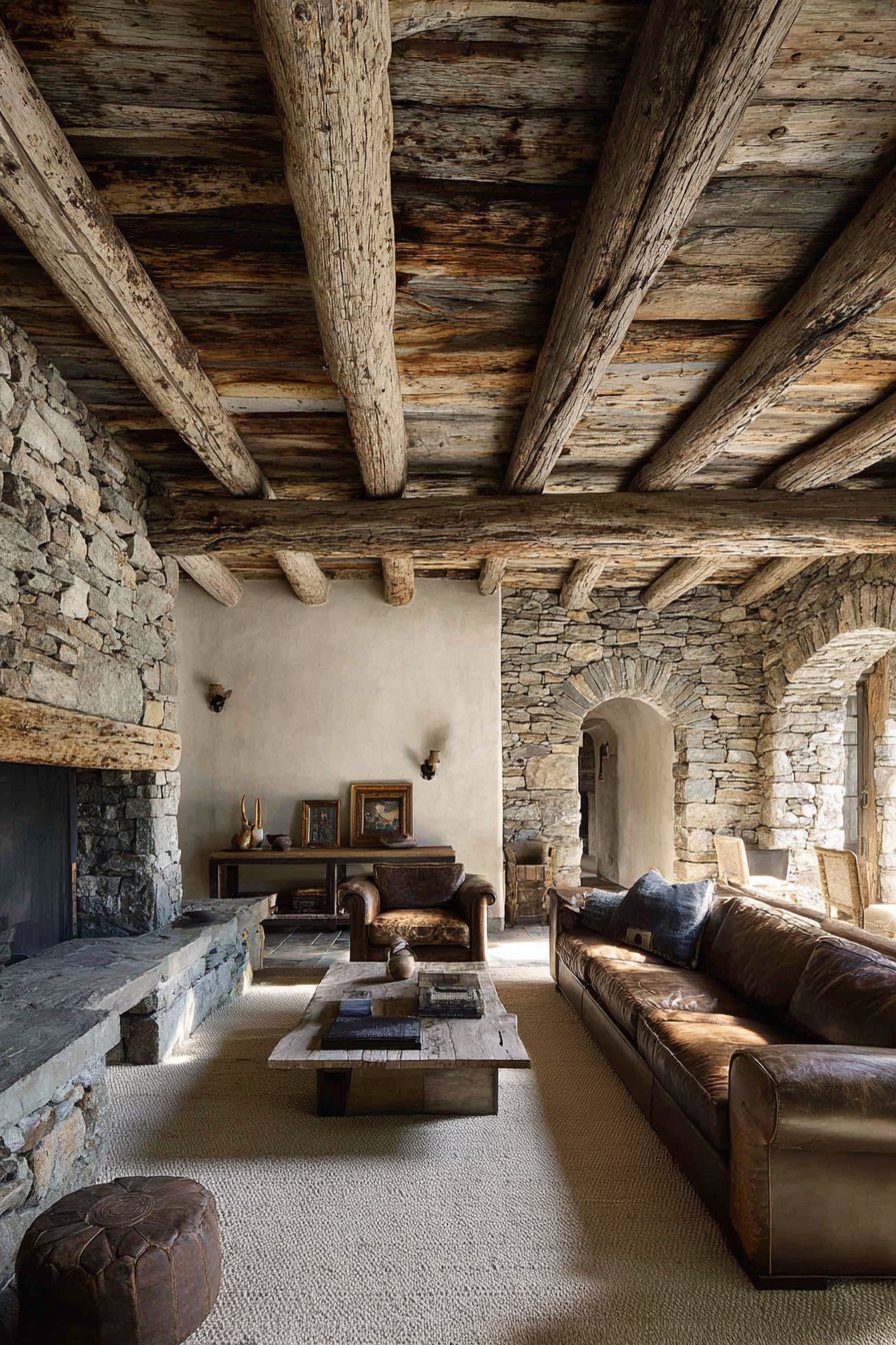 Rustic living room with weathered ceiling beams, tobacco leather sofa and fieldstone fireplace