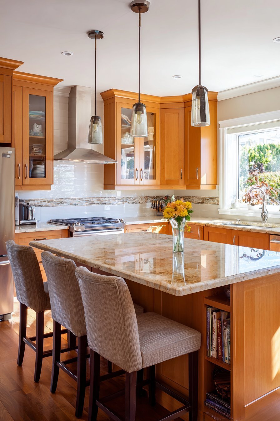 Honey maple shaker kitchen cabinets with cream granite, cream subway tile, glass mosaic liner and bronze island pendants