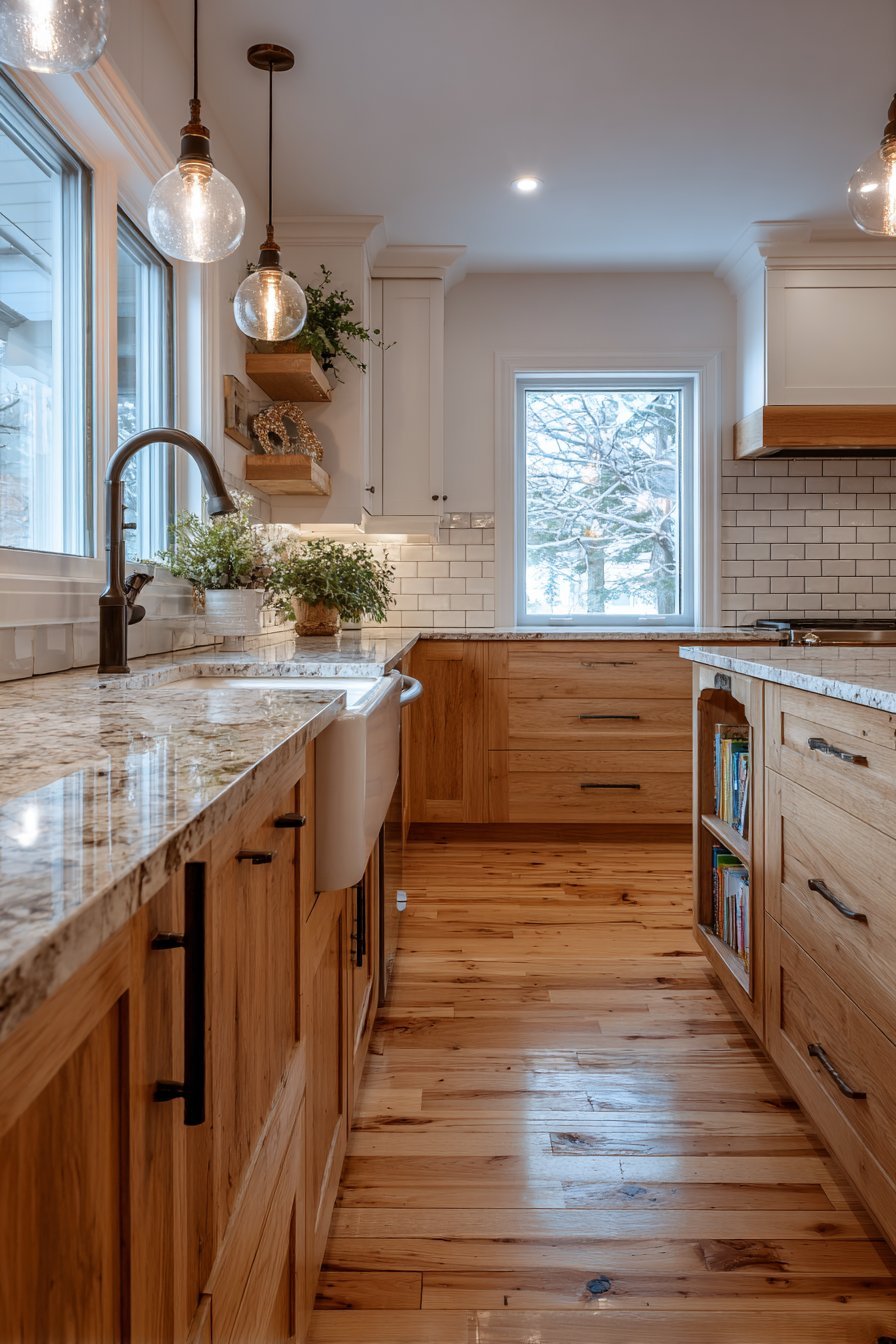 Honey maple shaker kitchen cabinets with cream granite, cream subway tile, glass mosaic liner and bronze island pendants