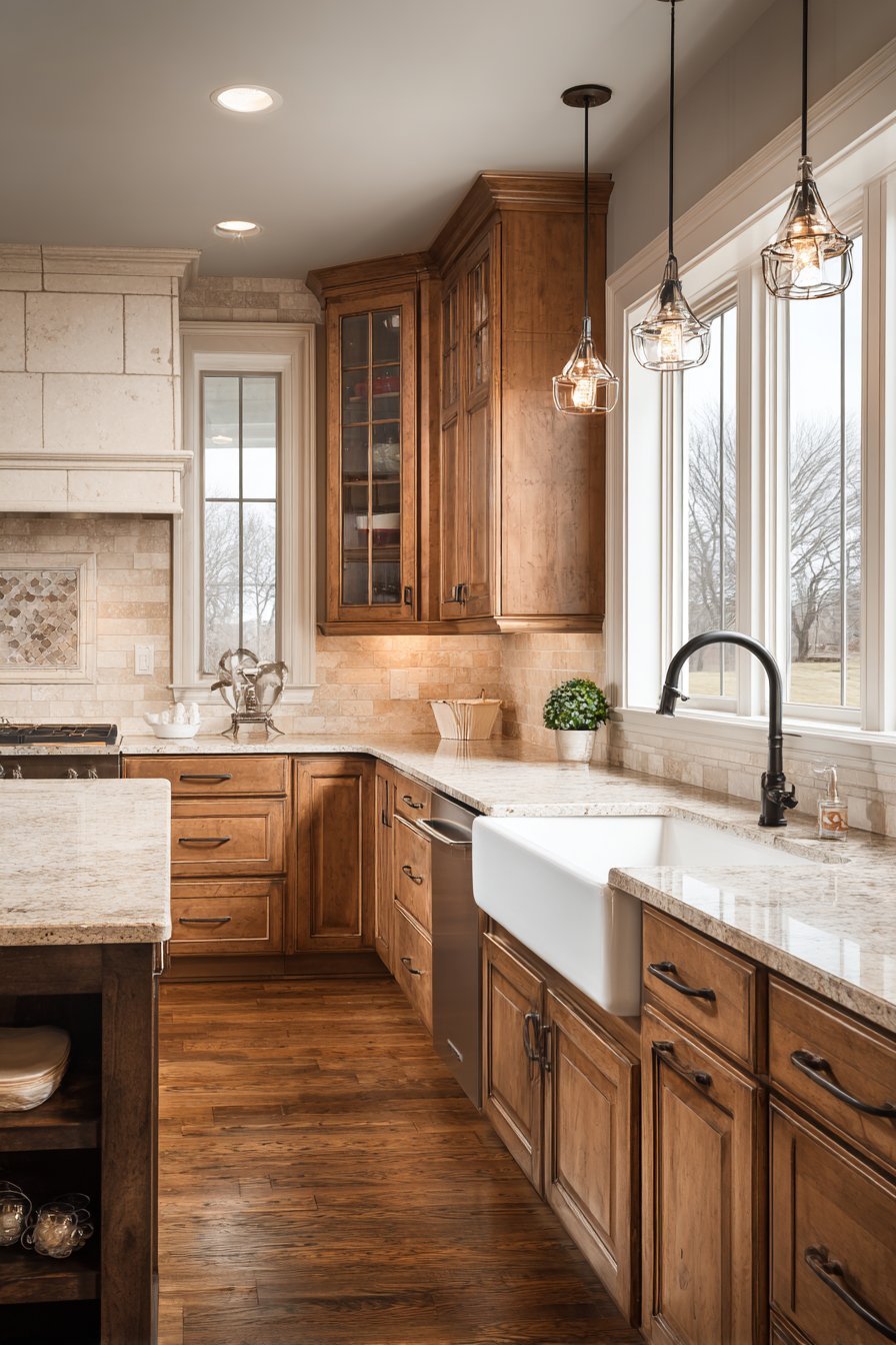 Honey maple shaker kitchen cabinets with cream granite, cream subway tile, glass mosaic liner and bronze island pendants