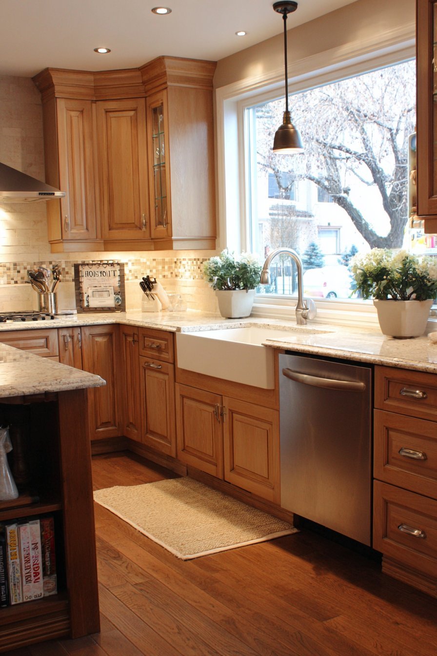 Honey maple shaker kitchen cabinets with cream granite, cream subway tile, glass mosaic liner and bronze island pendants