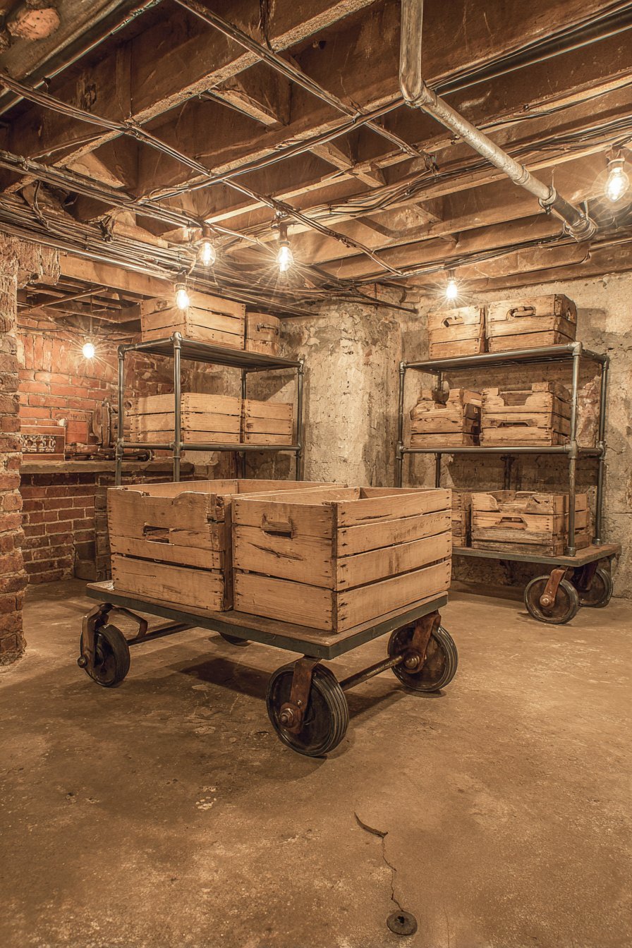 Vintage apple crates mounted as shelves, industrial pipe shelving and a rolling factory cart against basement brick