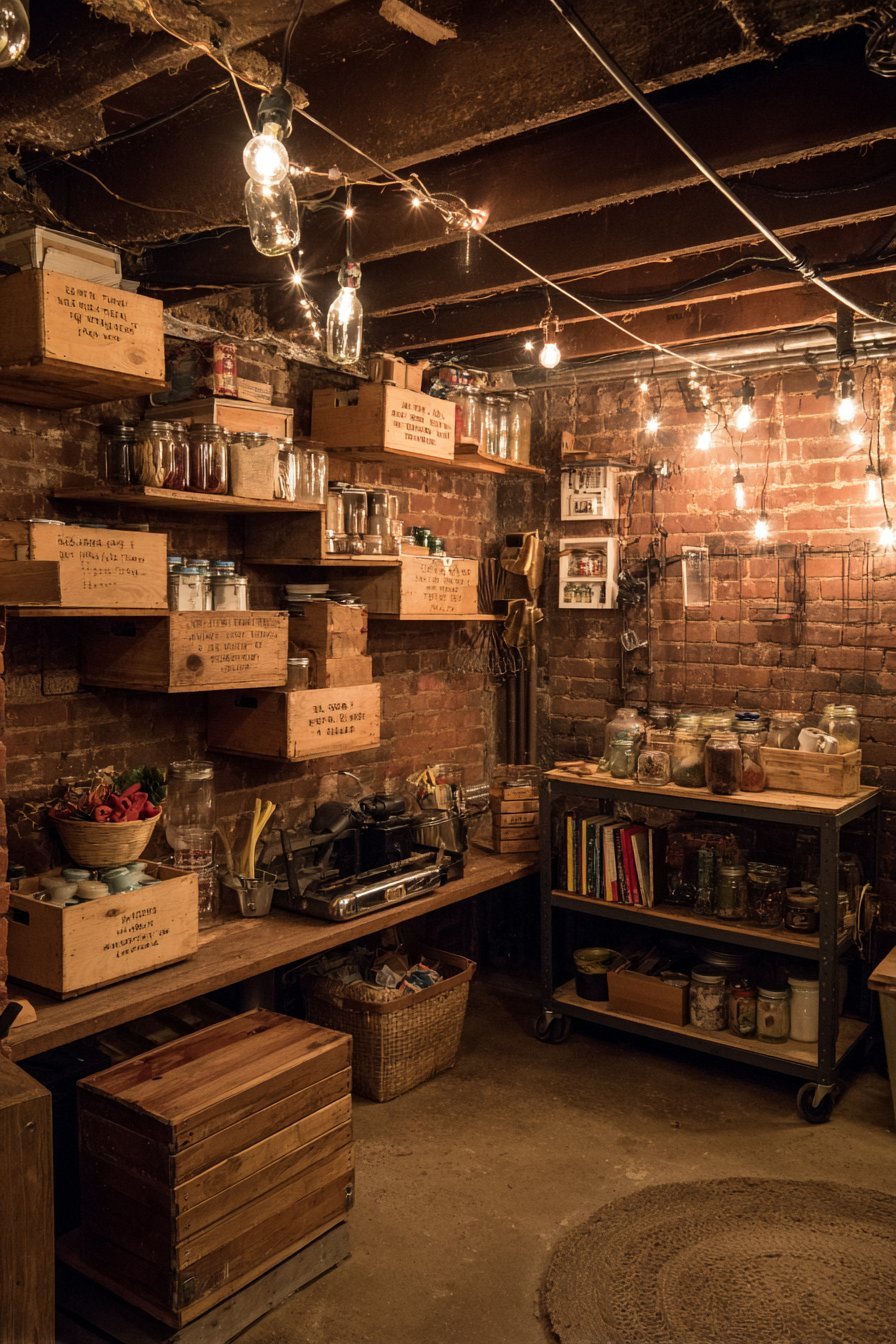 Vintage apple crates mounted as shelves, industrial pipe shelving and a rolling factory cart against basement brick