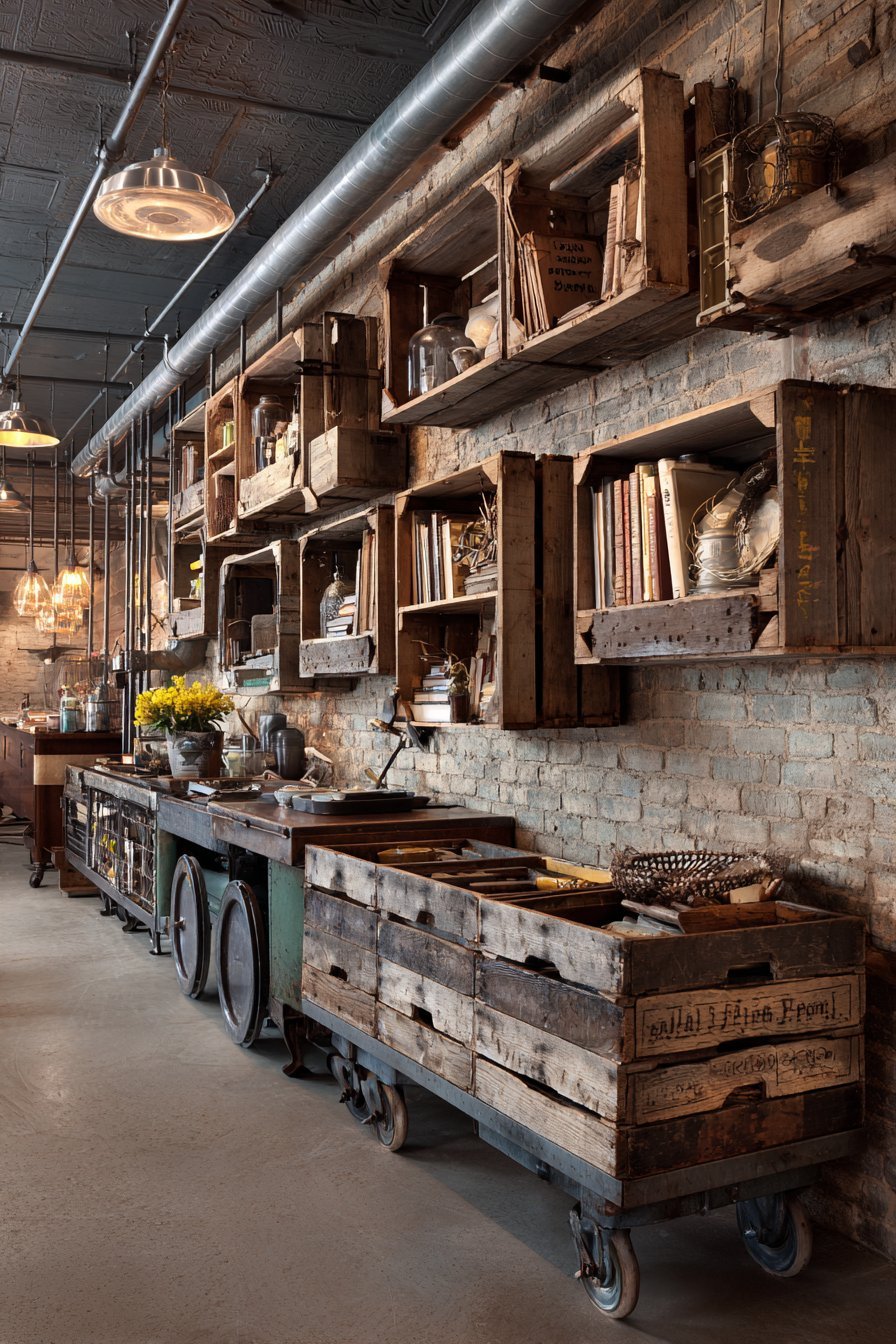 Vintage apple crates mounted as shelves, industrial pipe shelving and a rolling factory cart against basement brick