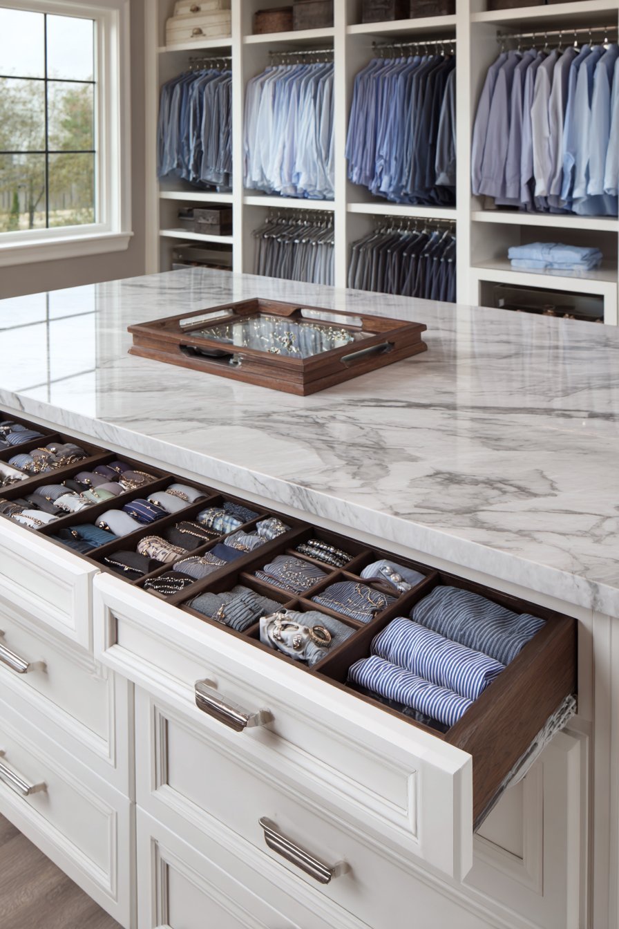 White closet island with marble-look quartz top, divided jewelry drawer, sock organizers and brushed nickel hardware