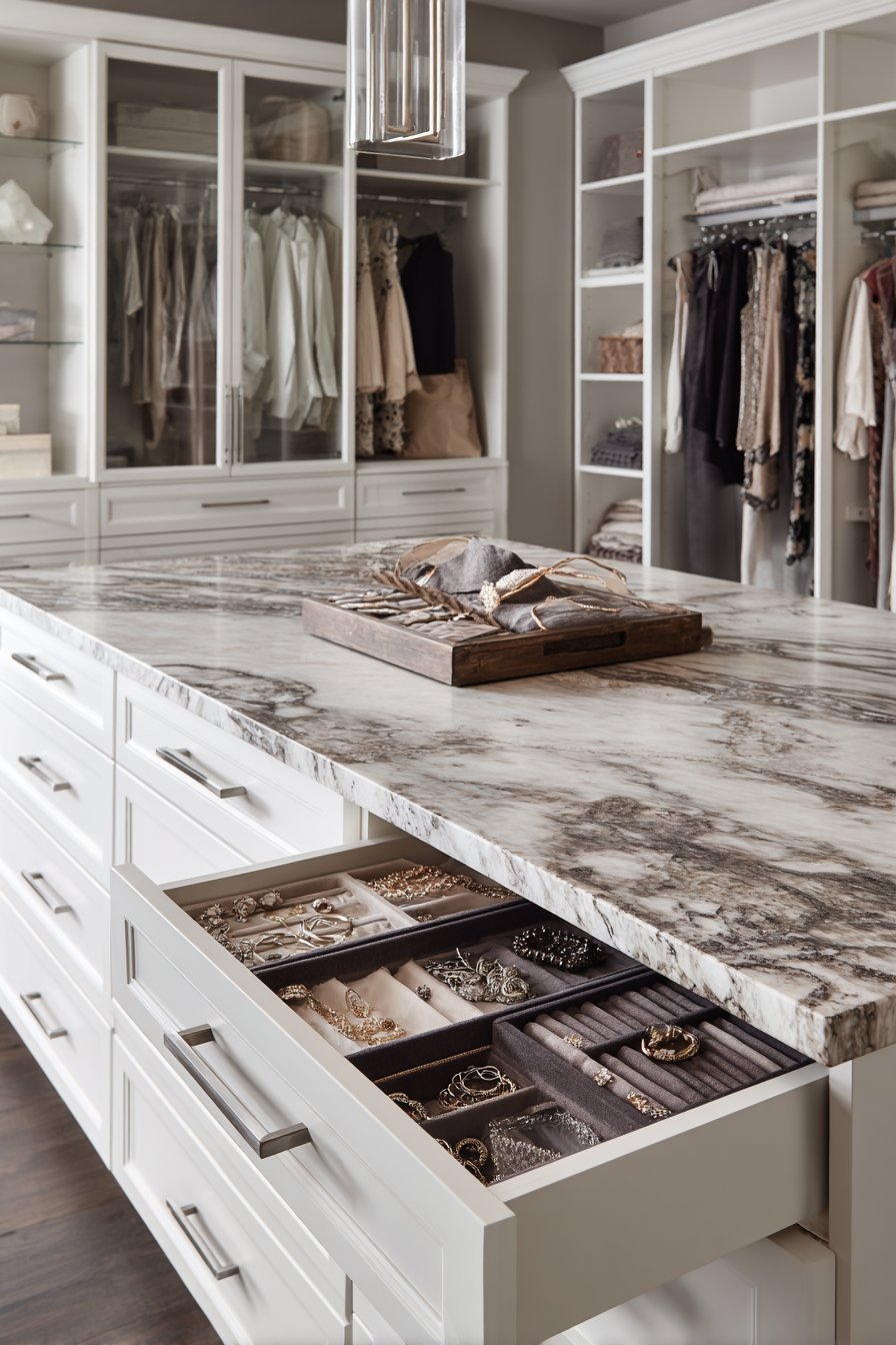 White closet island with marble-look quartz top, divided jewelry drawer, sock organizers and brushed nickel hardware
