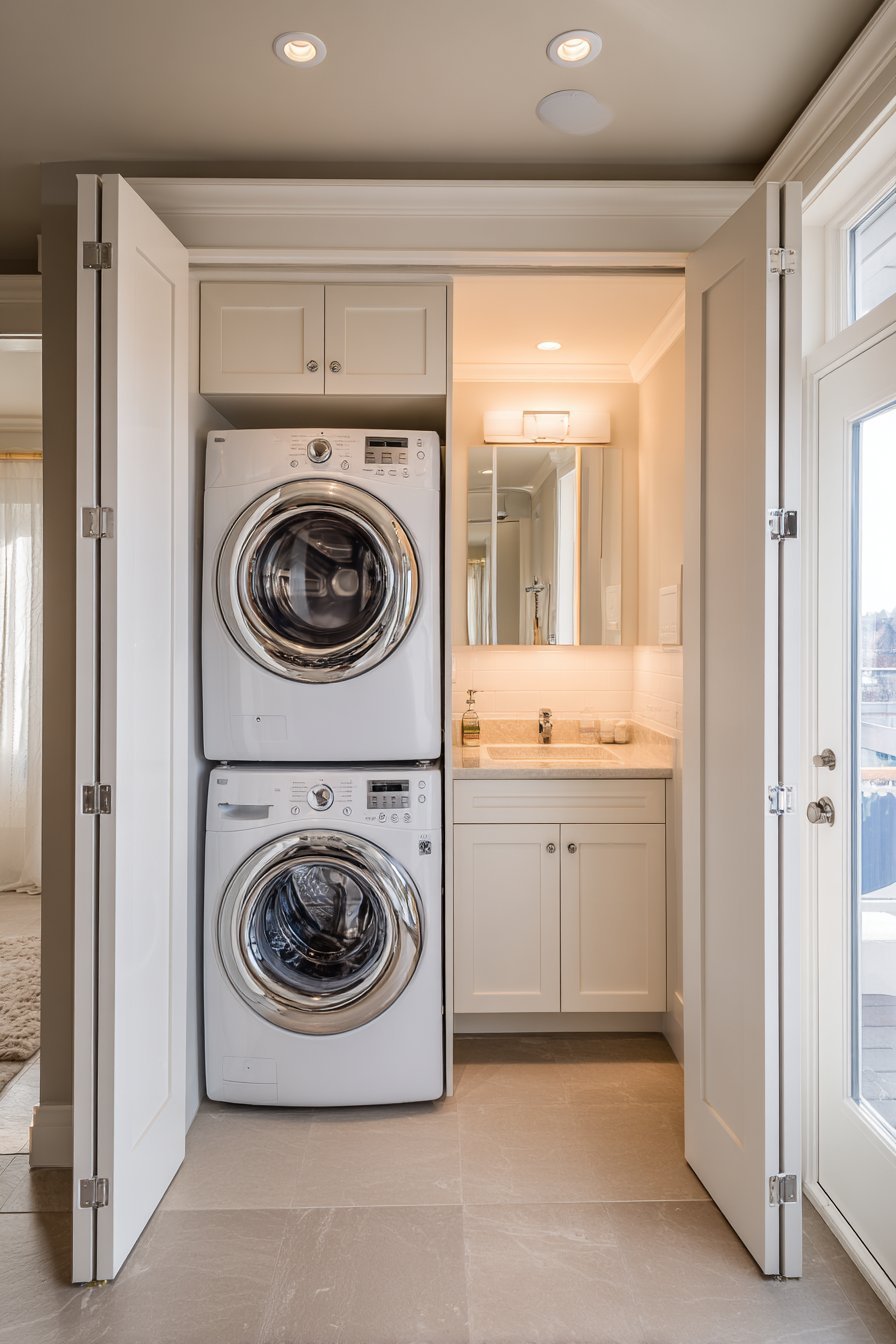 White shaker cabinets concealing a stacked washer and dryer with pull-out hamper and folding counter