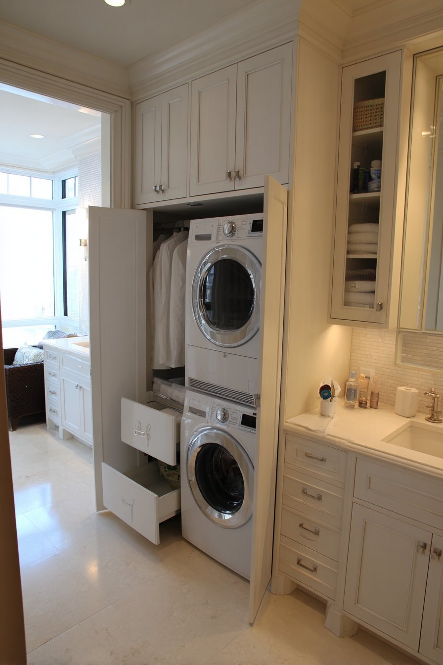 White shaker cabinets concealing a stacked washer and dryer with pull-out hamper and folding counter