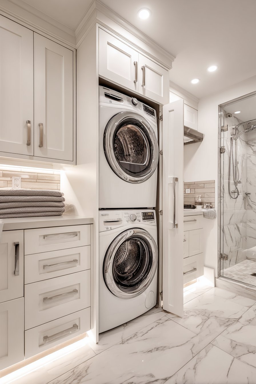 White shaker cabinets concealing a stacked washer and dryer with pull-out hamper and folding counter