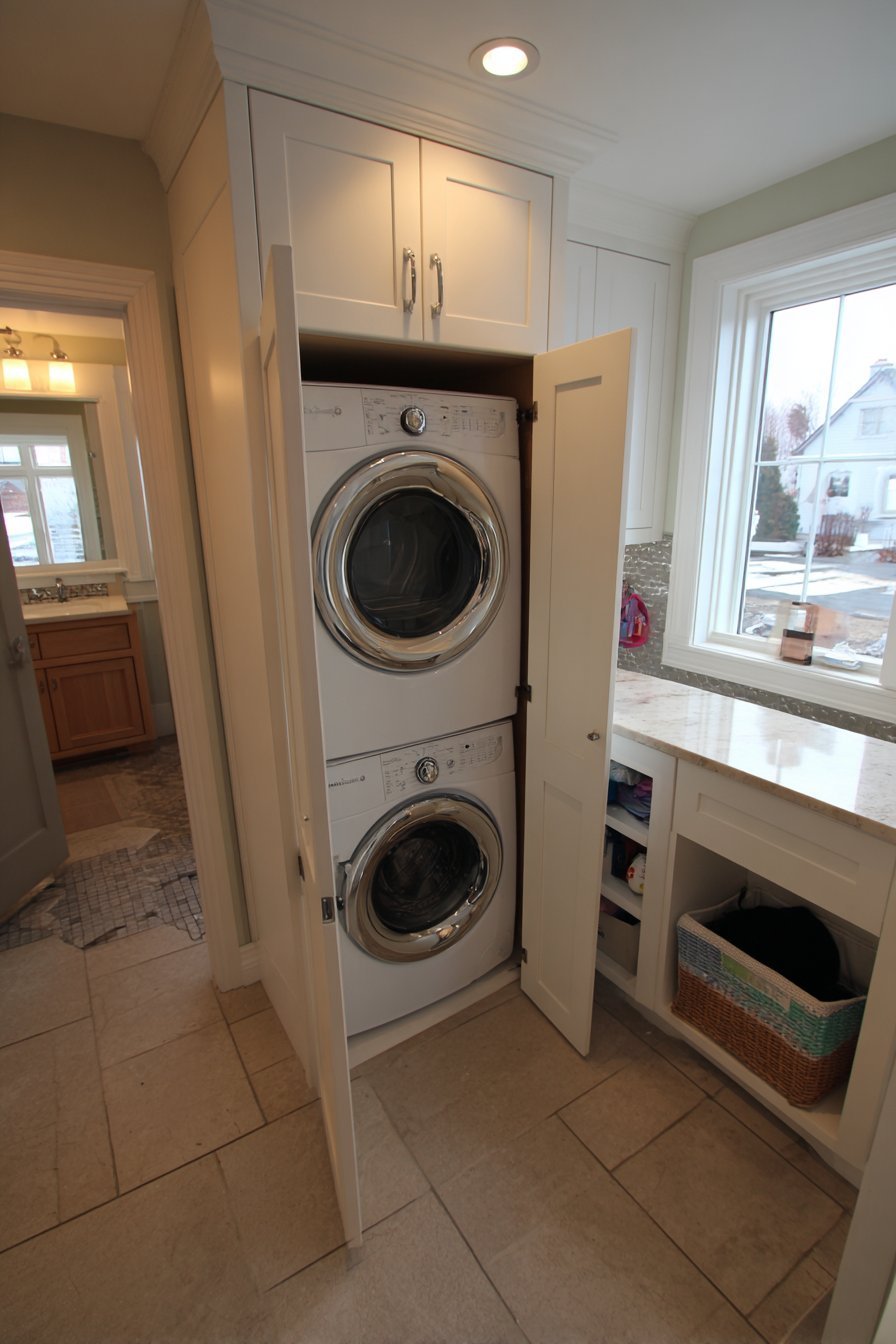 White shaker cabinets concealing a stacked washer and dryer with pull-out hamper and folding counter