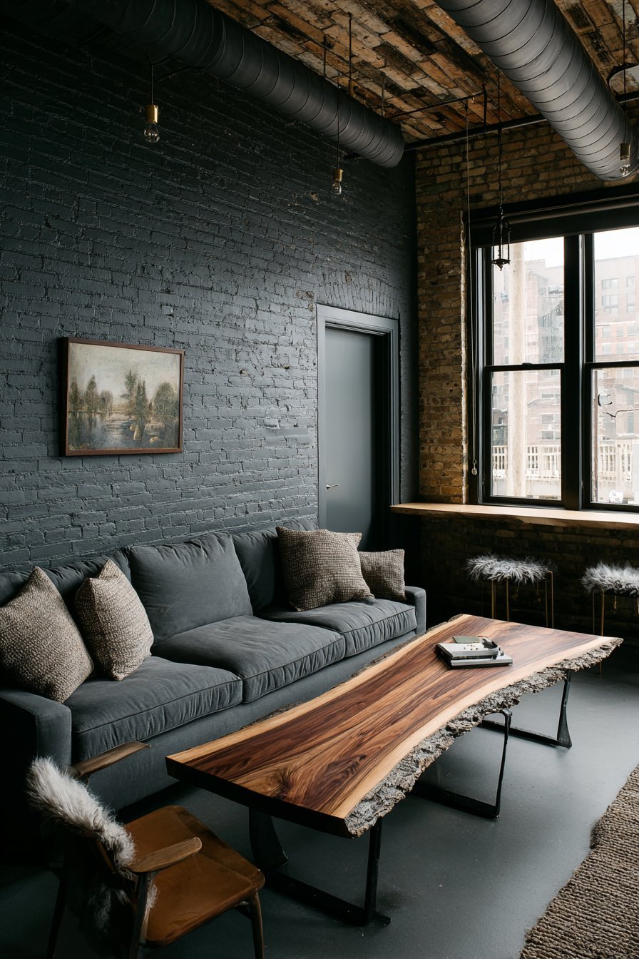 Matte black painted brick wall with deep grey linen sofa, live-edge walnut table and black cage pendants