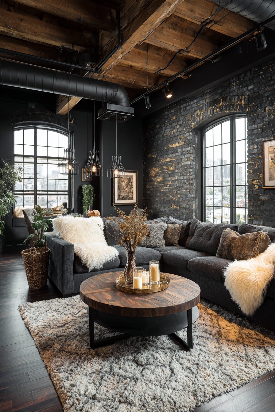 Matte black painted brick wall with deep grey linen sofa, live-edge walnut table and black cage pendants