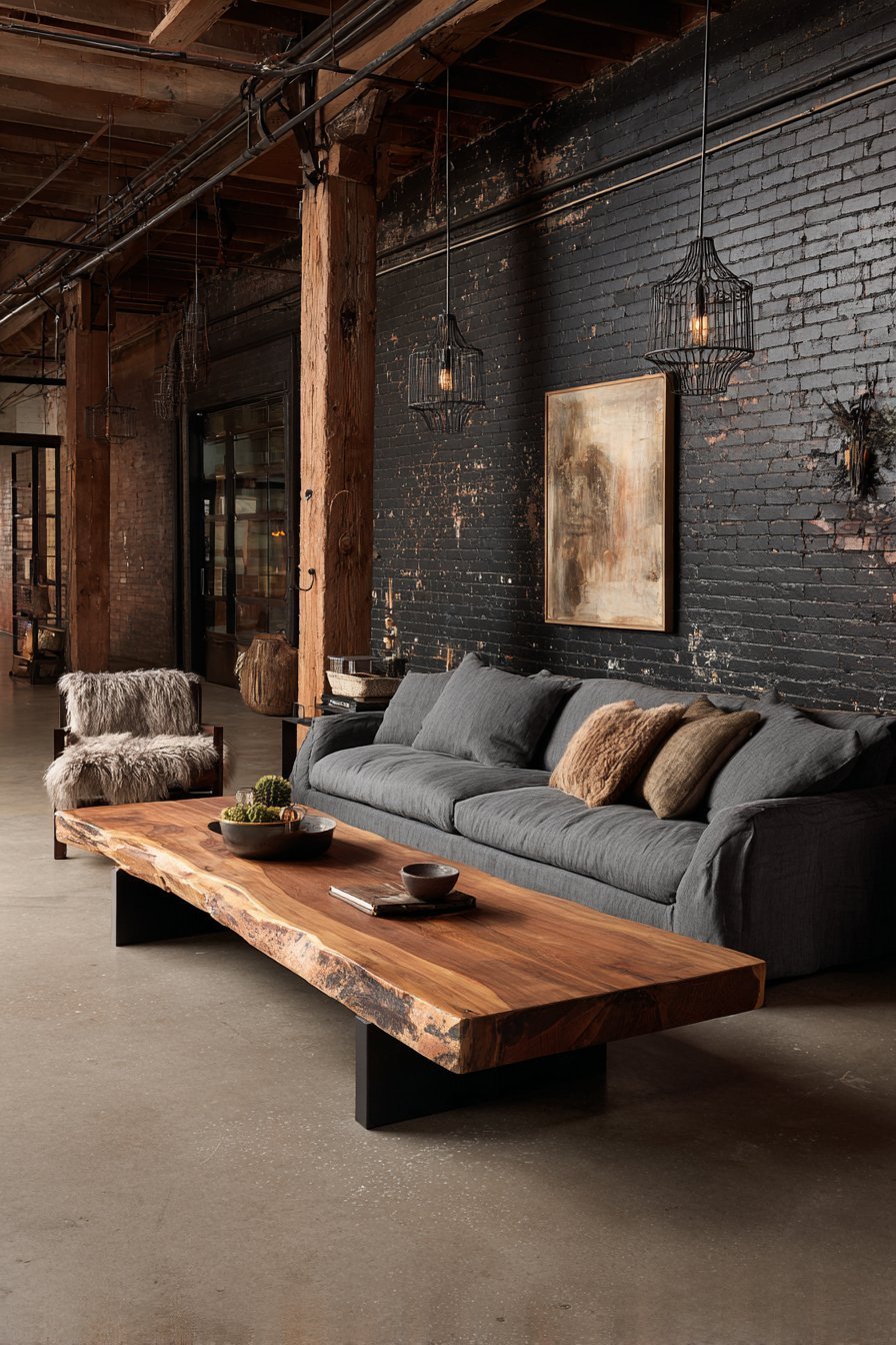 Matte black painted brick wall with deep grey linen sofa, live-edge walnut table and black cage pendants