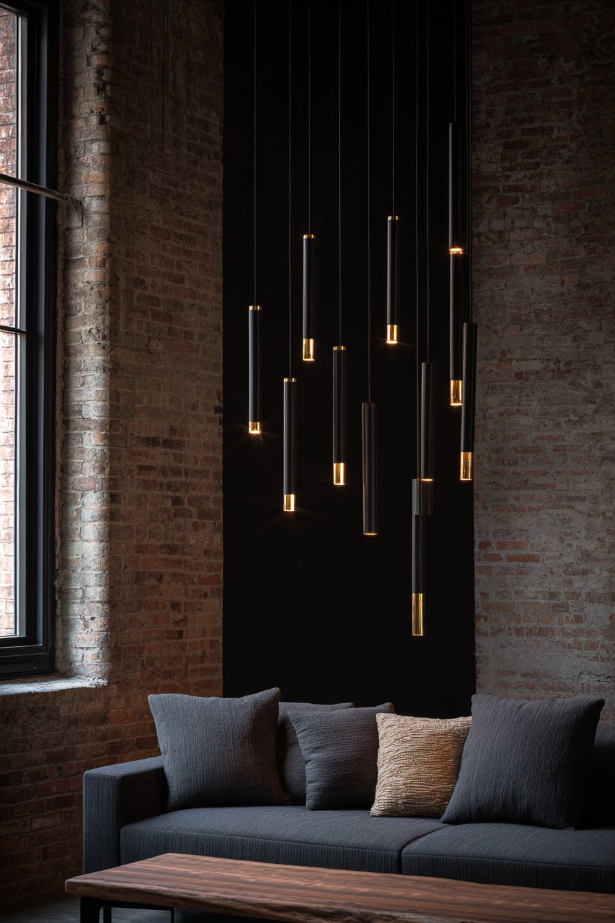 Matte black painted brick wall with deep grey linen sofa, live-edge walnut table and black cage pendants