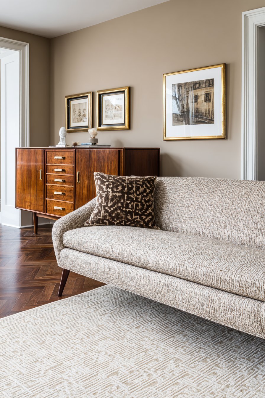 Mid-century modern living room with taupe tweed sofa, teak credenza and geometric wool rug
