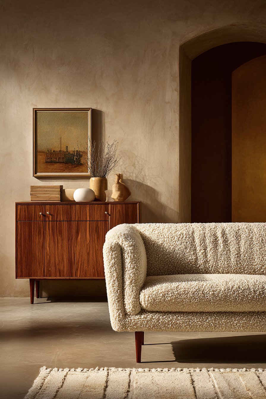 Mid-century modern living room with taupe tweed sofa, teak credenza and geometric wool rug