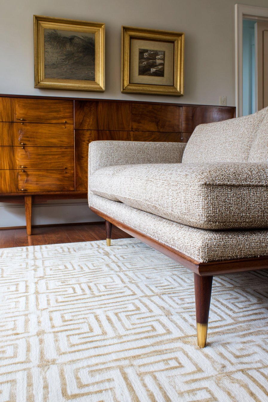Mid-century modern living room with taupe tweed sofa, teak credenza and geometric wool rug