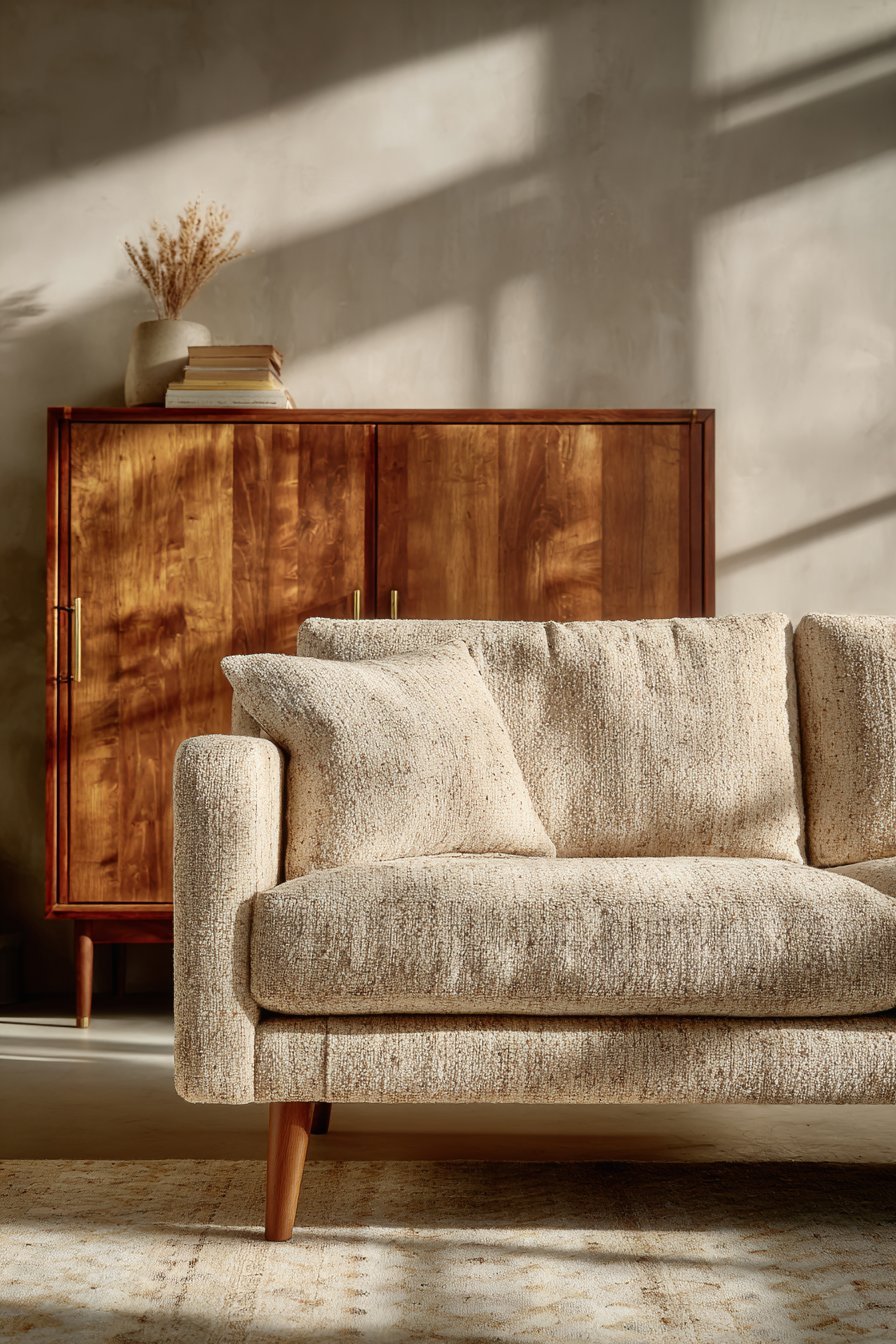 Mid-century modern living room with taupe tweed sofa, teak credenza and geometric wool rug