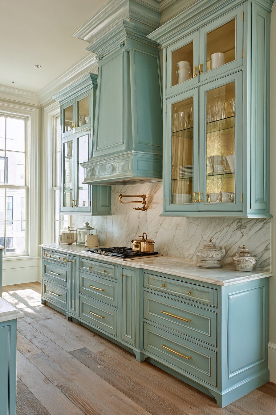Pale blue-grey raised-panel kitchen with white marble, unlacquered brass hardware, glass uppers and corbeled range hood