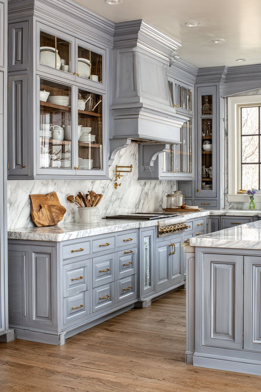 Pale blue-grey raised-panel kitchen with white marble, unlacquered brass hardware, glass uppers and corbeled range hood