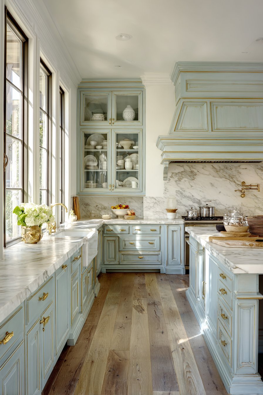Pale blue-grey raised-panel kitchen with white marble, unlacquered brass hardware, glass uppers and corbeled range hood