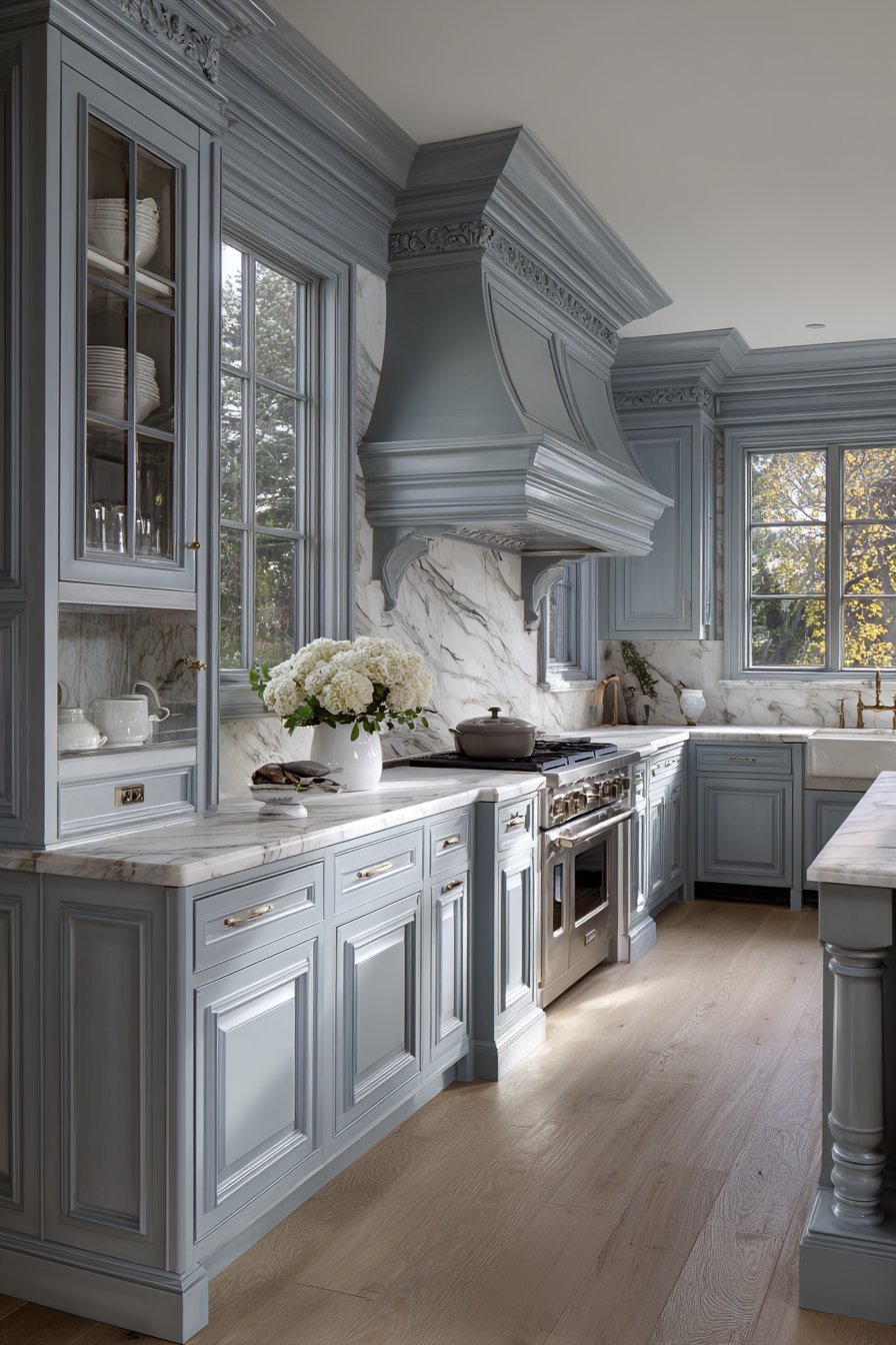 Pale blue-grey raised-panel kitchen with white marble, unlacquered brass hardware, glass uppers and corbeled range hood