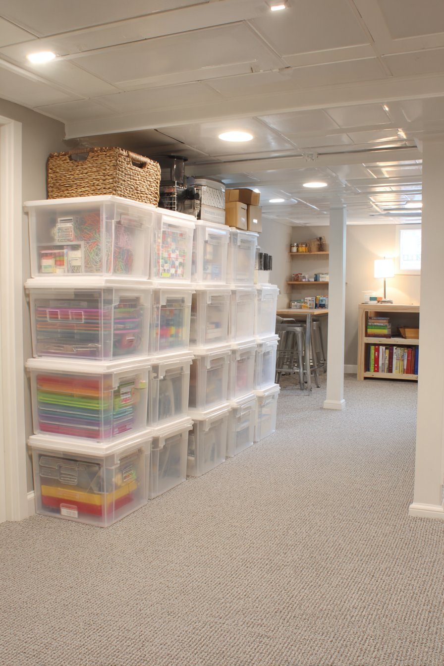 Translucent white modular drawer units stacked into a storage wall on grey carpet in a finished basement