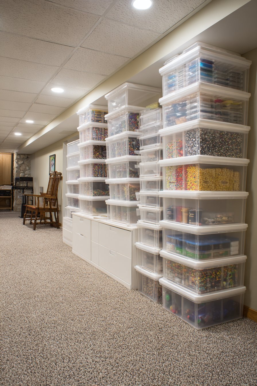 Translucent white modular drawer units stacked into a storage wall on grey carpet in a finished basement