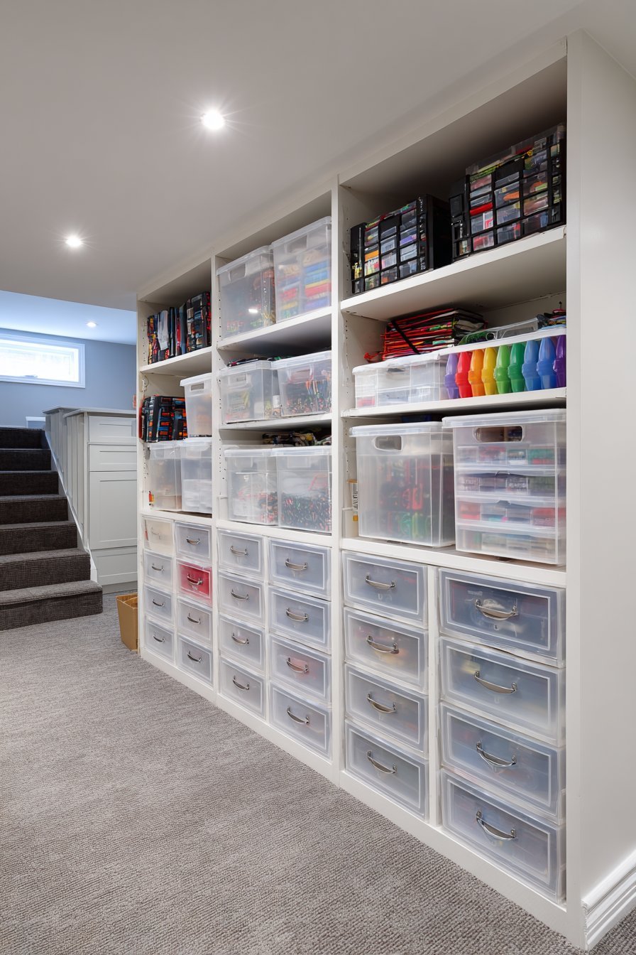 Translucent white modular drawer units stacked into a storage wall on grey carpet in a finished basement