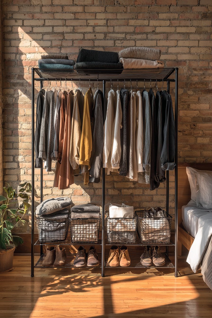 Black metal tension rod clothing rack with double hanging rods, wire baskets of shoes and an exposed brick wall