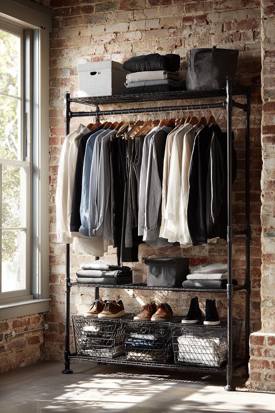 Black metal tension rod clothing rack with double hanging rods, wire baskets of shoes and an exposed brick wall