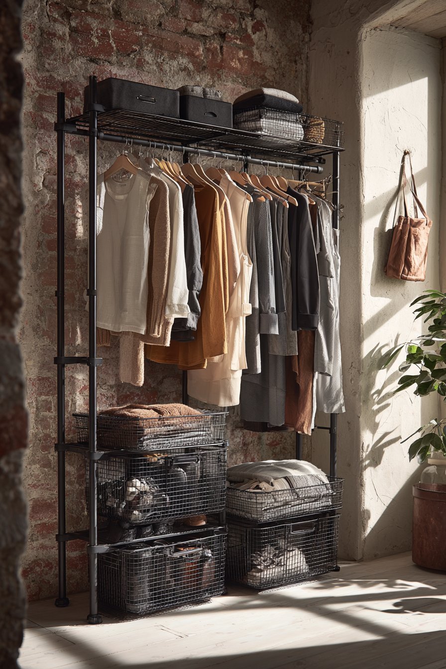Black metal tension rod clothing rack with double hanging rods, wire baskets of shoes and an exposed brick wall