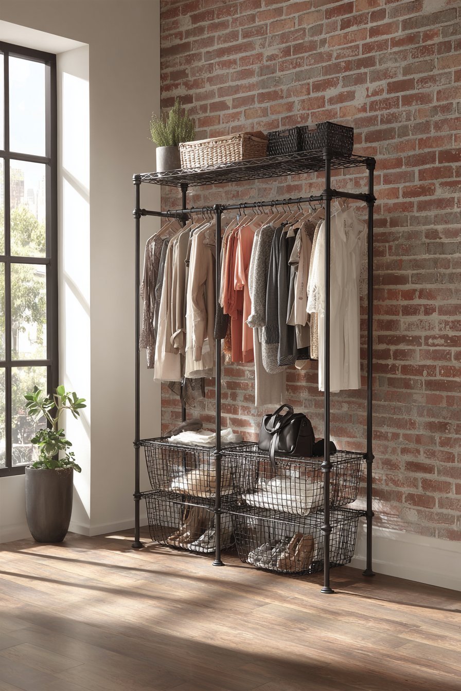 Black metal tension rod clothing rack with double hanging rods, wire baskets of shoes and an exposed brick wall