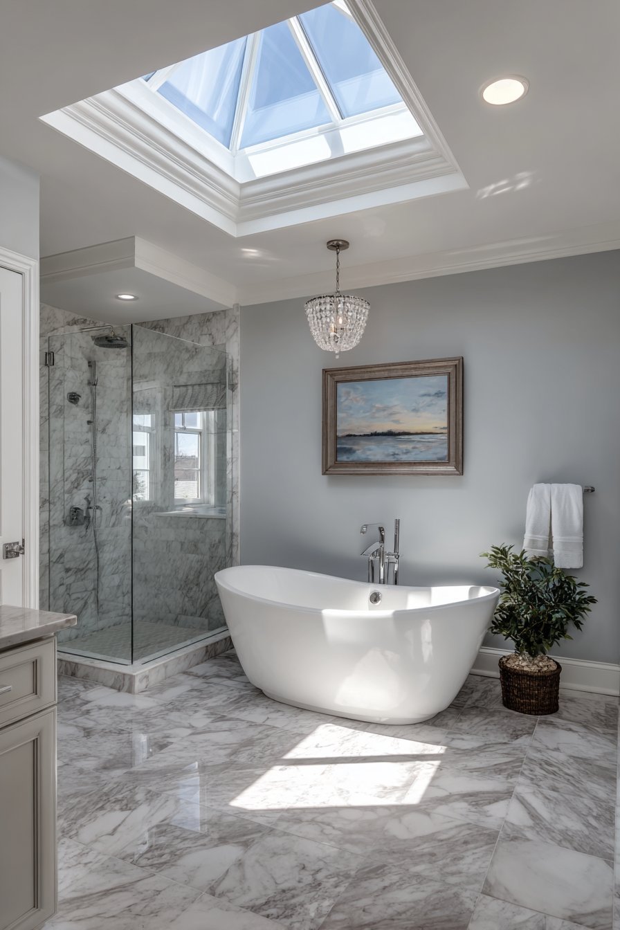 Skylight above a freestanding bathtub with white coffered ceiling, grey walls and rain shower