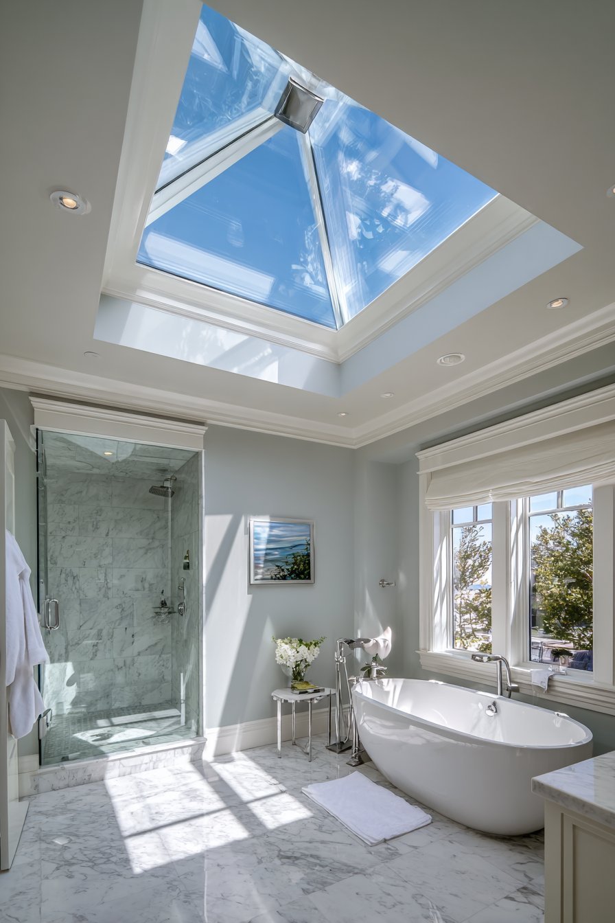 Skylight above a freestanding bathtub with white coffered ceiling, grey walls and rain shower