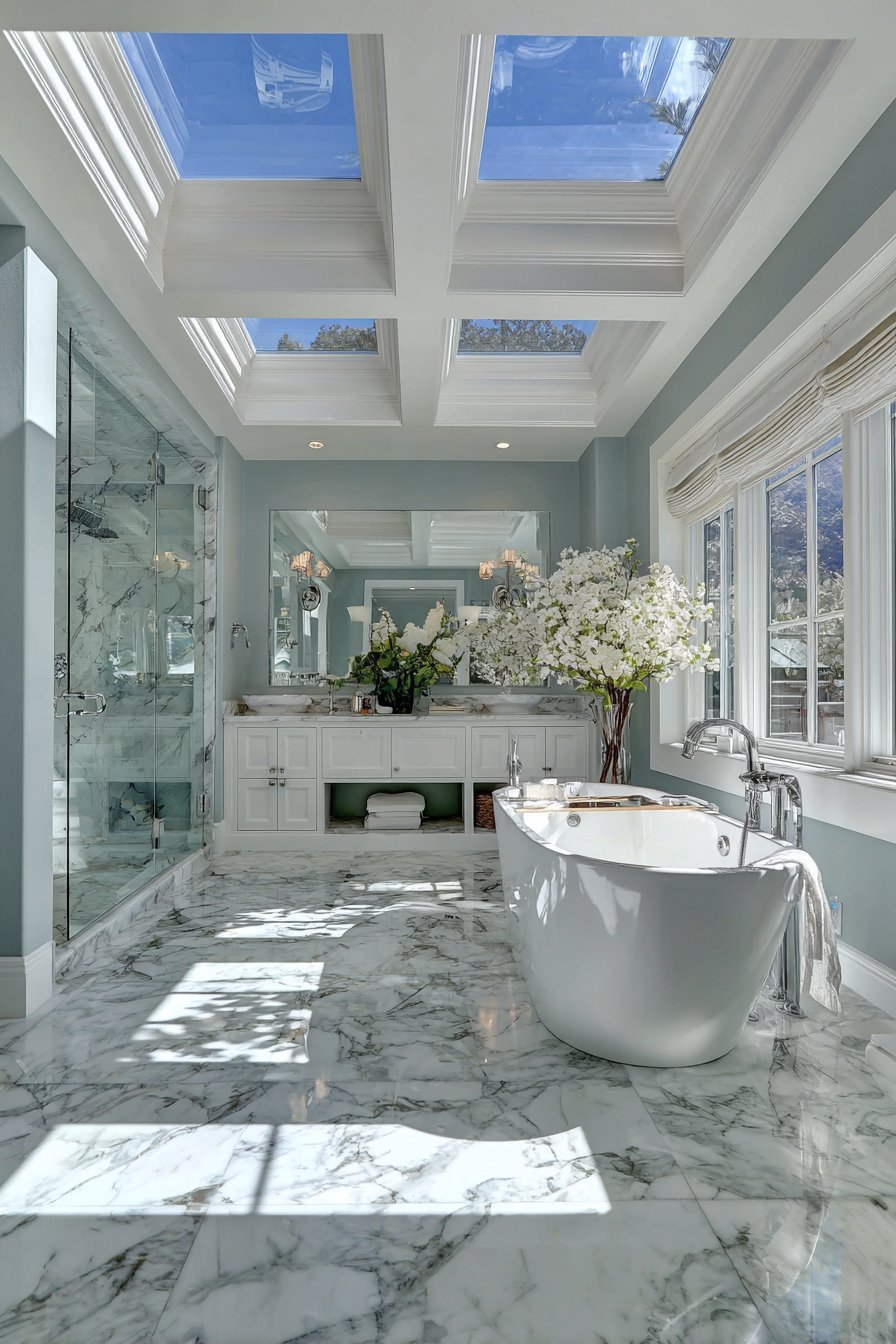 Skylight above a freestanding bathtub with white coffered ceiling, grey walls and rain shower