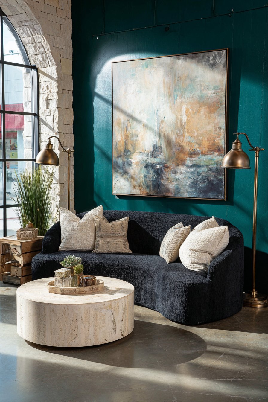 Deep sage green walls with curved charcoal bouclé sofa, round travertine coffee table and skylights