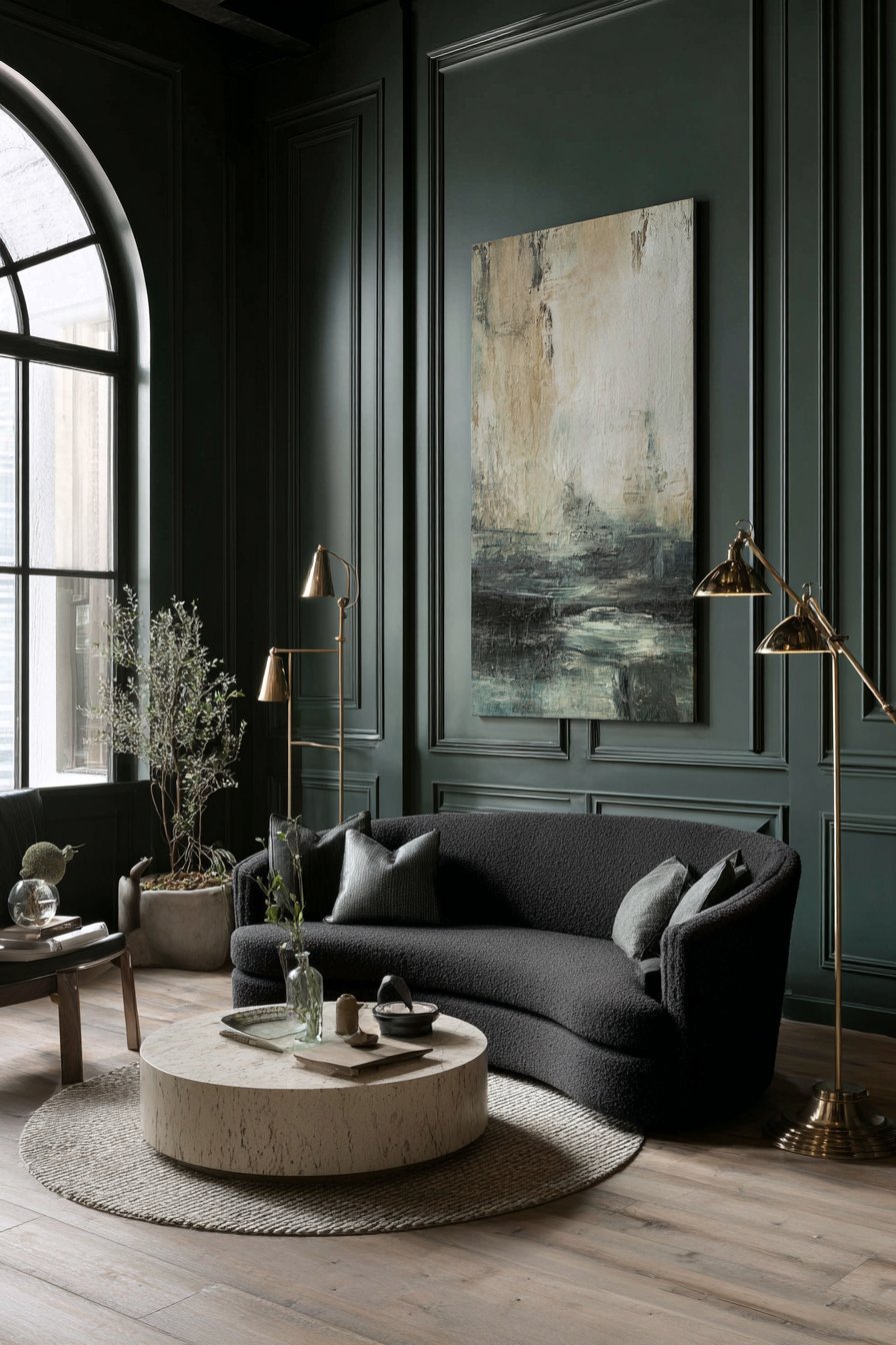 Deep sage green walls with curved charcoal bouclé sofa, round travertine coffee table and skylights