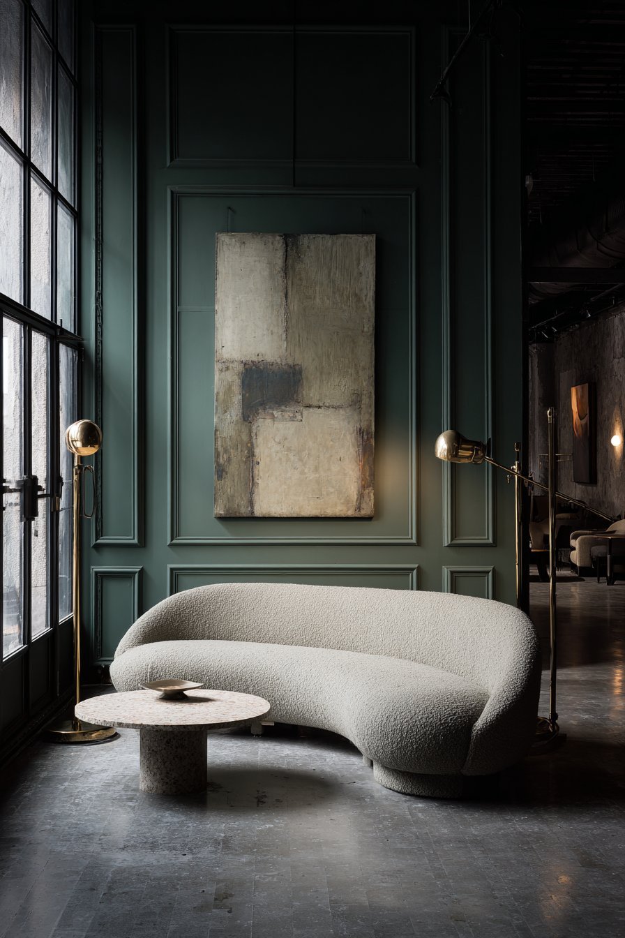 Deep sage green walls with curved charcoal bouclé sofa, round travertine coffee table and skylights