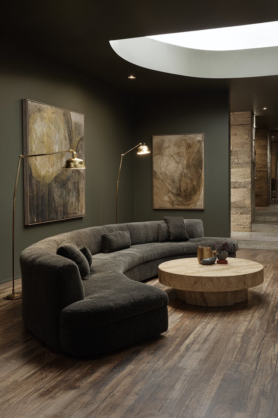 Deep sage green walls with curved charcoal bouclé sofa, round travertine coffee table and skylights