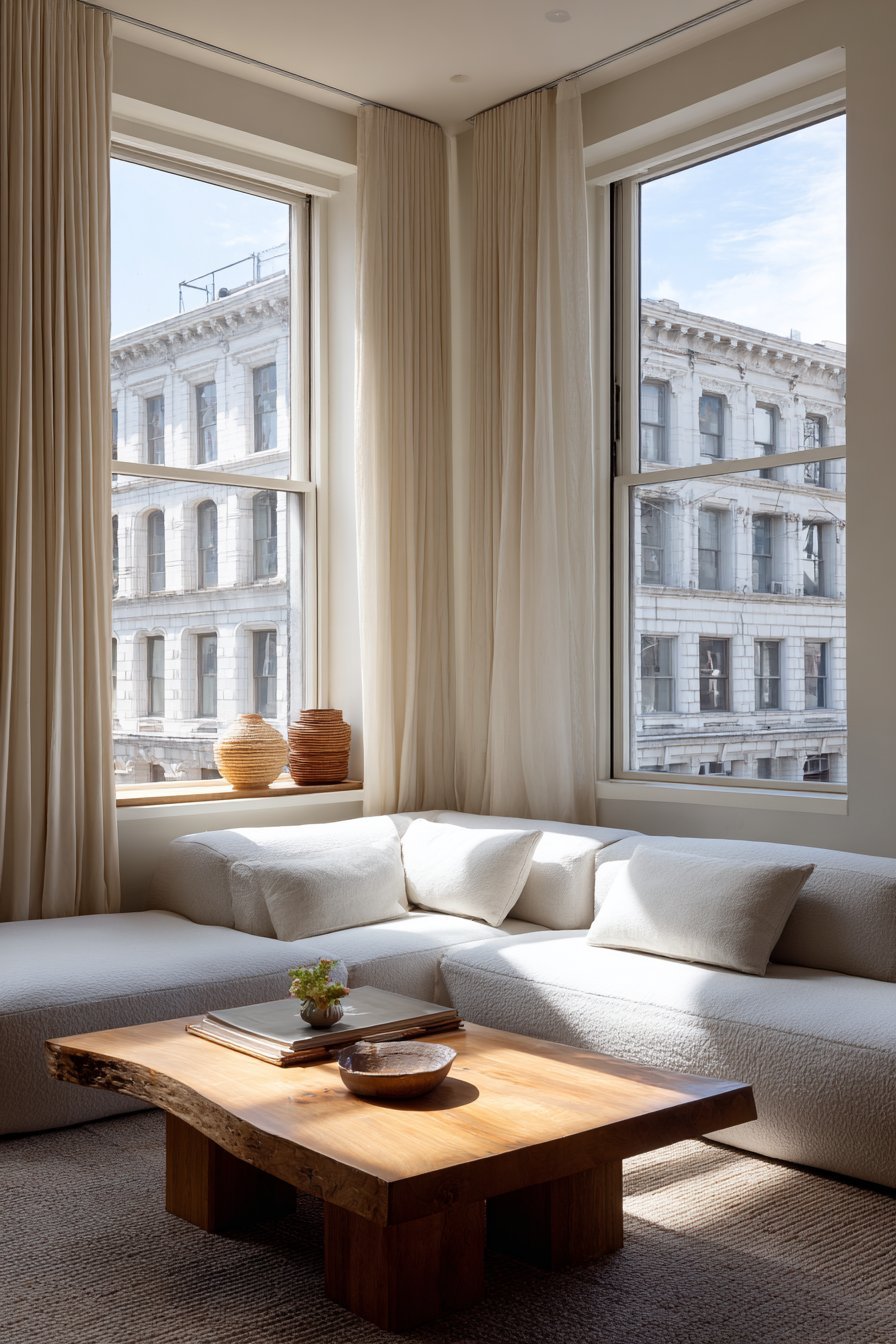 Neutral living room with flax linen curtains on floor-to-ceiling windows, grey sectional and live-edge oak table