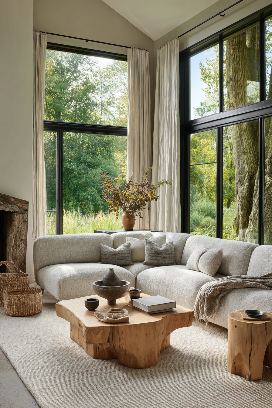 Neutral living room with flax linen curtains on floor-to-ceiling windows, grey sectional and live-edge oak table