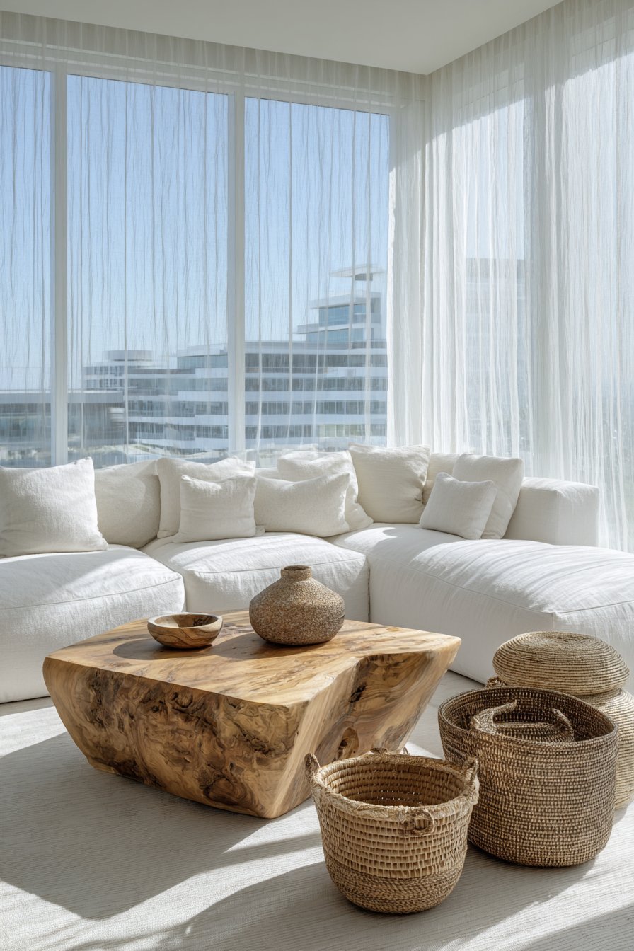 Neutral living room with flax linen curtains on floor-to-ceiling windows, grey sectional and live-edge oak table