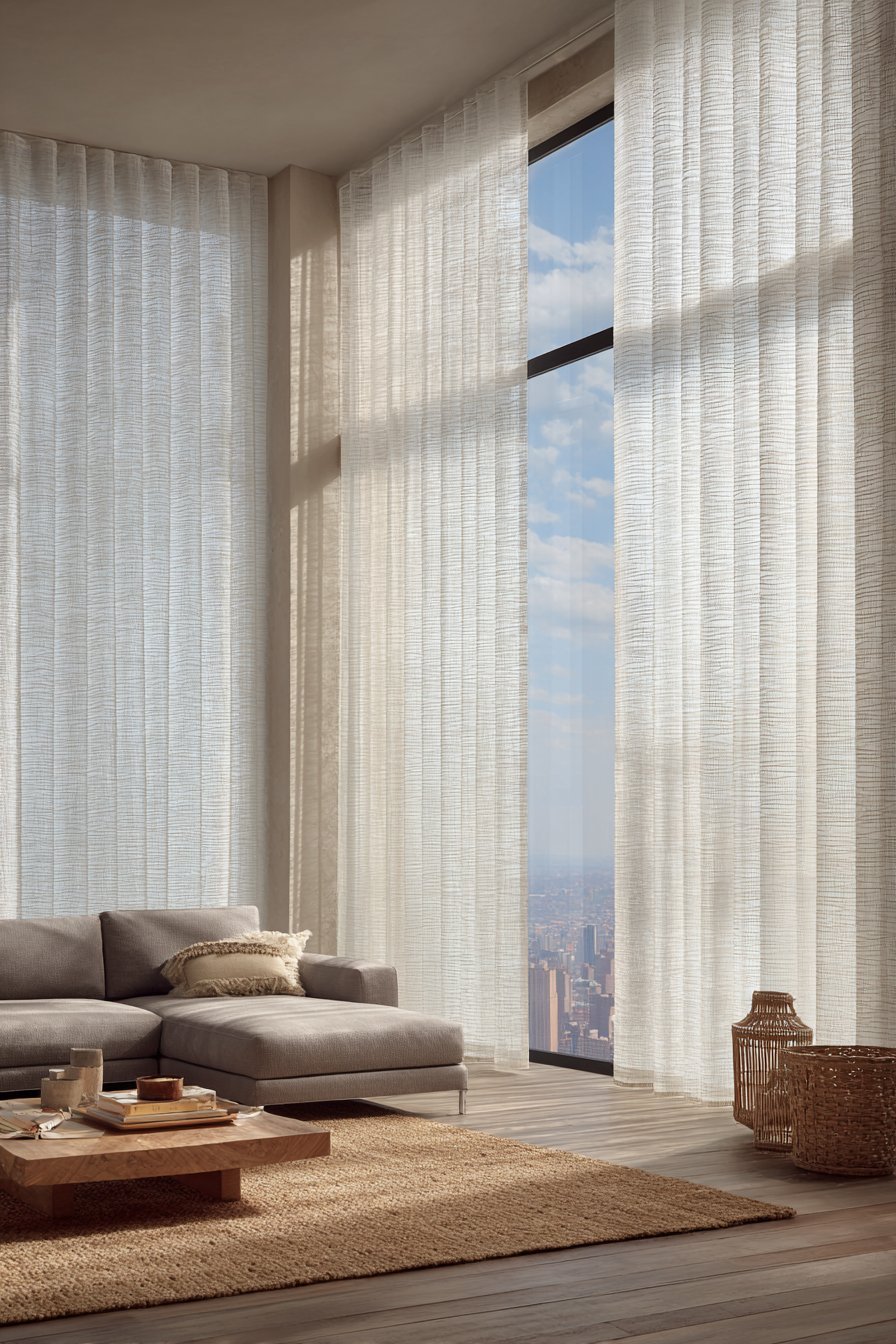Neutral living room with flax linen curtains on floor-to-ceiling windows, grey sectional and live-edge oak table