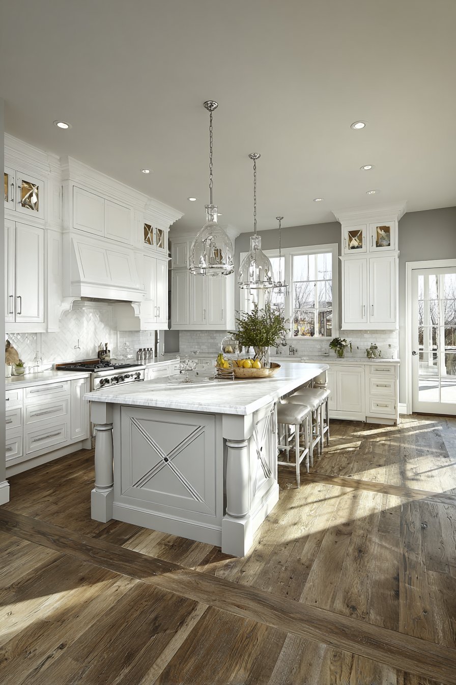 White inset cabinets with grey-green cross-buck island, Carrara marble, beveled subway tile and reclaimed pine floor