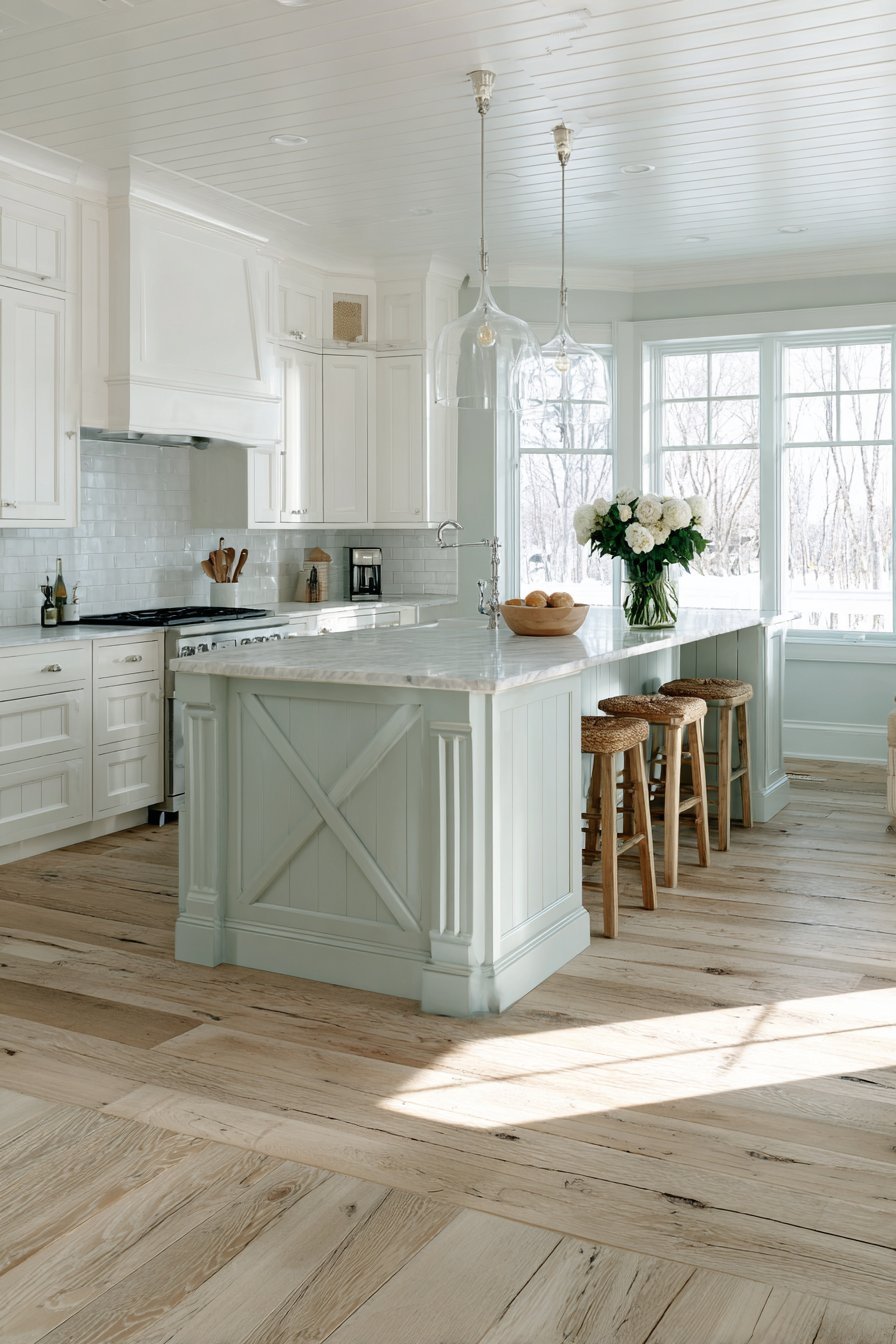 White inset cabinets with grey-green cross-buck island, Carrara marble, beveled subway tile and reclaimed pine floor