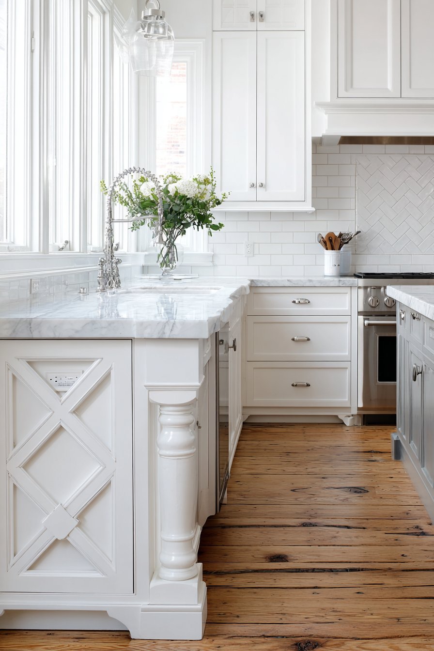 White inset cabinets with grey-green cross-buck island, Carrara marble, beveled subway tile and reclaimed pine floor